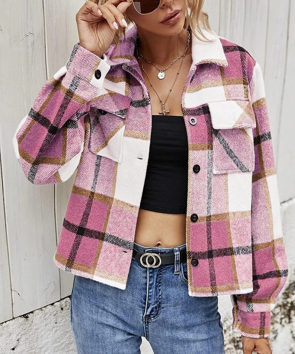 Binshre Womens Cropped Plaid Shacket Flannel Long Sleeve Button Down Jackets Coat for Women