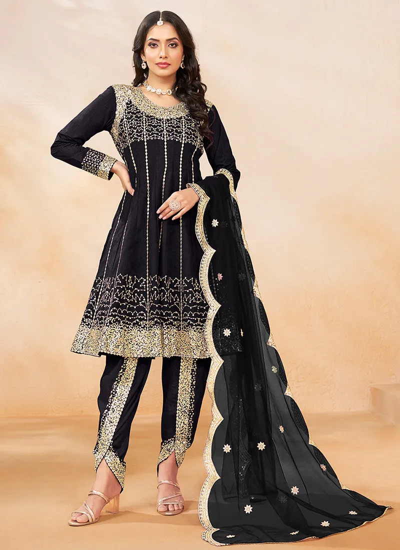 Black Golden Embroidered Anarkali And Dhoti Style Pant Suit