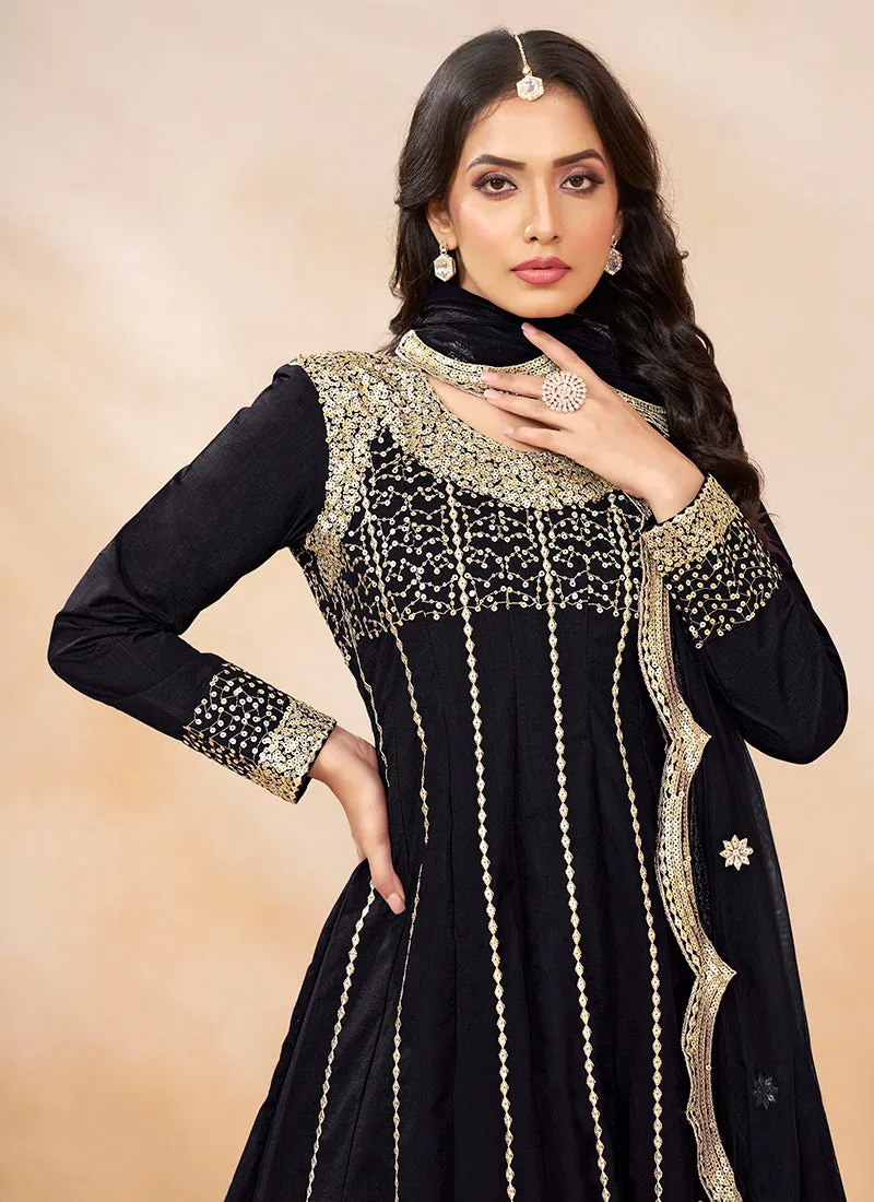 Black Golden Embroidered Anarkali And Dhoti Style Pant Suit
