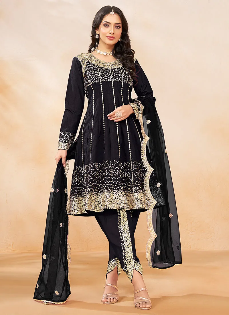 Black Golden Embroidered Anarkali And Dhoti Style Pant Suit