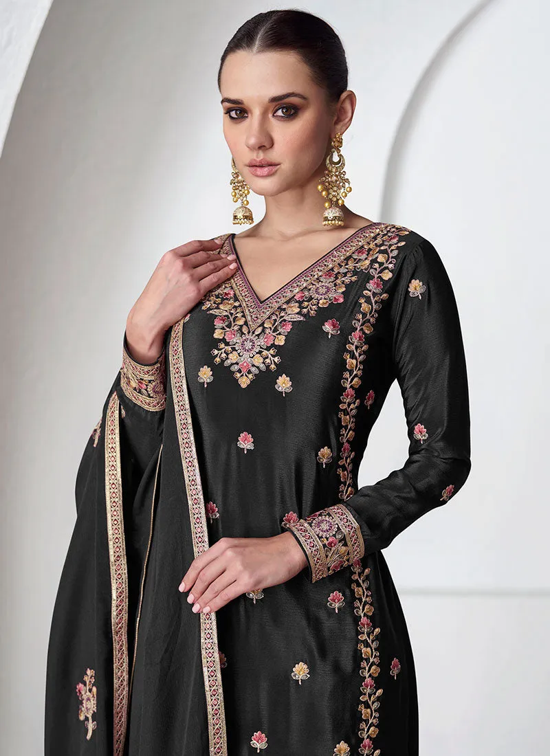 Black Multi Embroidery Festive Palazzo Suit