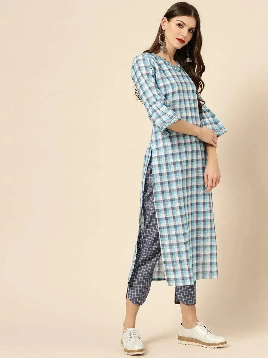 Blue Checkered Cotton Straight Kurta With Trousers