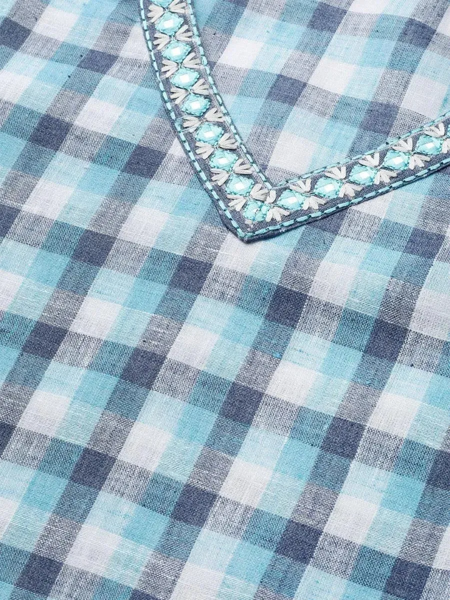 Blue Checkered Cotton Straight Kurta With Trousers
