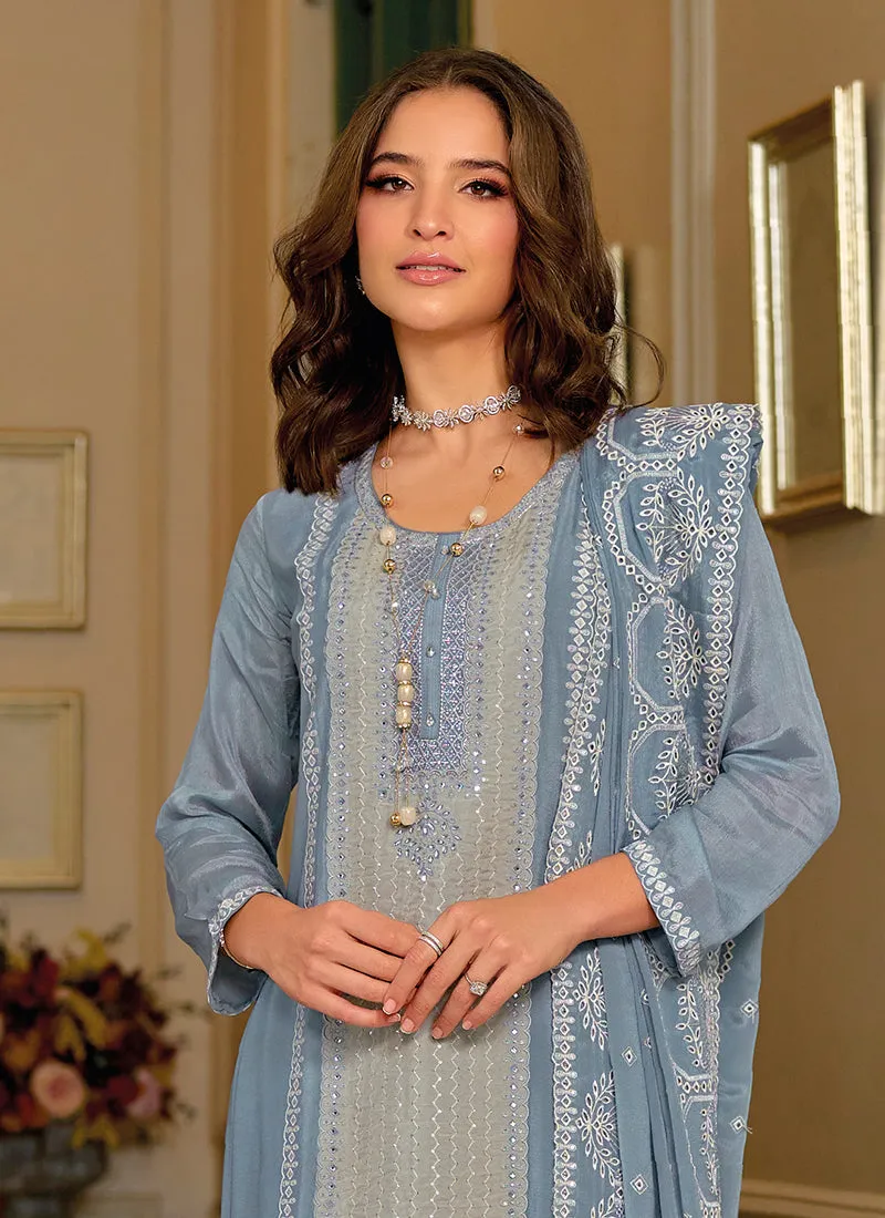 Blue Designer Embroidery Silk Salwar Suit