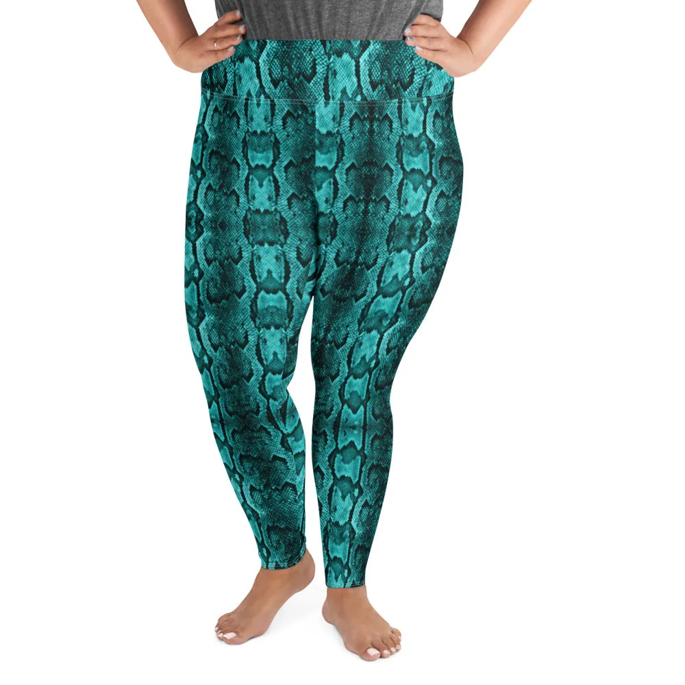 Blue Snake Plus Size Leggings, Best Snake Skin Print Plus Size Leggings For Ladies- Made in USA/EU/MX