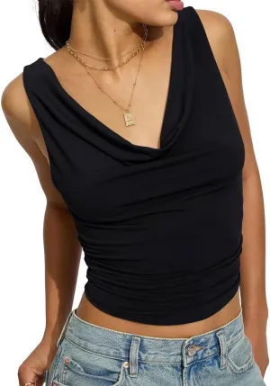 BONITEE Womens Cowl Neck Tank Tops Slim Crop Top Summer Sexy Sleeveless Sied Ruched Off Shoulder Shirts