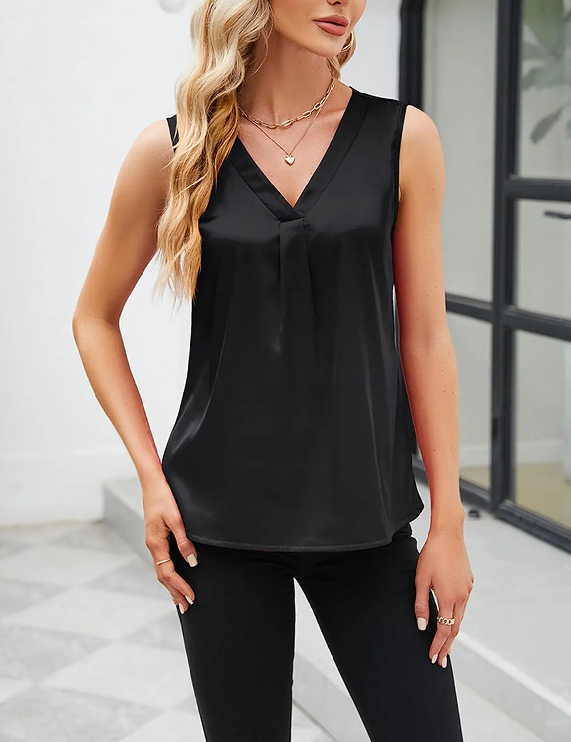 Bozanly Women's Sleeveless Silk Satin Tank Tops V Neck Solid Lightweight Soft Camisole