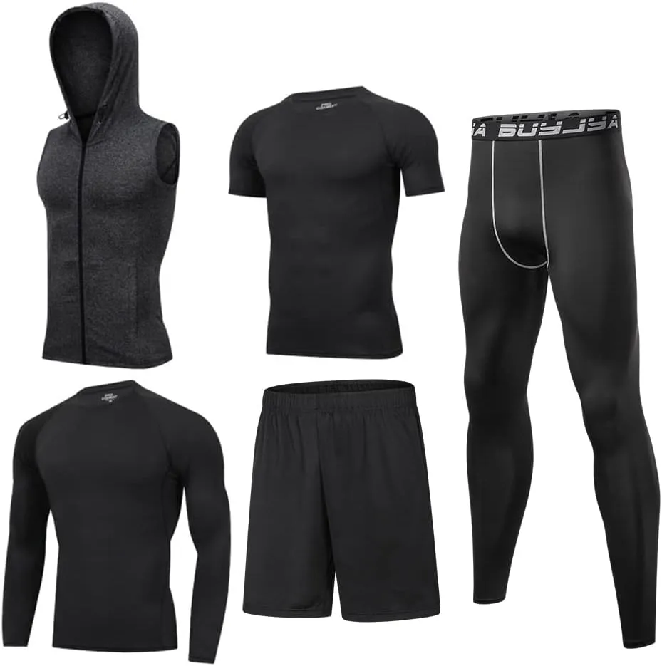BUYJYA 5Pcs Men's Compression Pants Shirt Top Long Sleeve Jacket Athletic Sets Gym Clothing Mens Workout