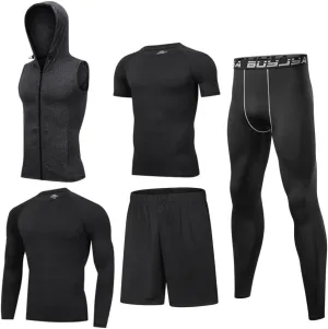BUYJYA 5Pcs Men's Compression Pants Shirt Top Long Sleeve Jacket Athletic Sets Gym Clothing Mens Workout