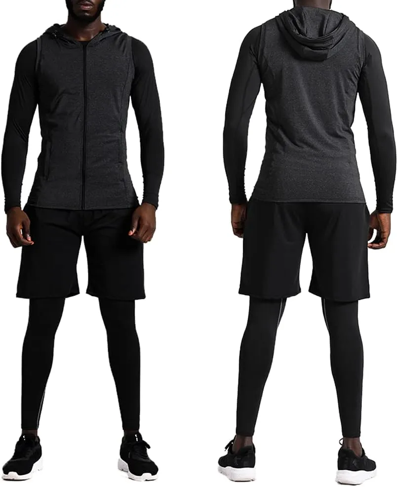 BUYJYA 5Pcs Men's Compression Pants Shirt Top Long Sleeve Jacket Athletic Sets Gym Clothing Mens Workout