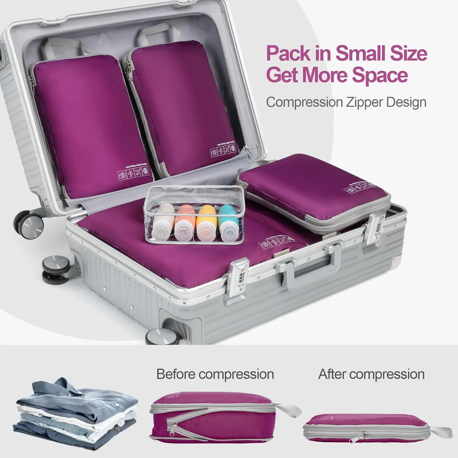 Cambond Compression Packing Cubes for Travel Women - Lightweight Expandable Luggage Travel Packing Organizers Bags, Compression Cubes for Suitcases Organizers with Travel Pouches Bottle Set