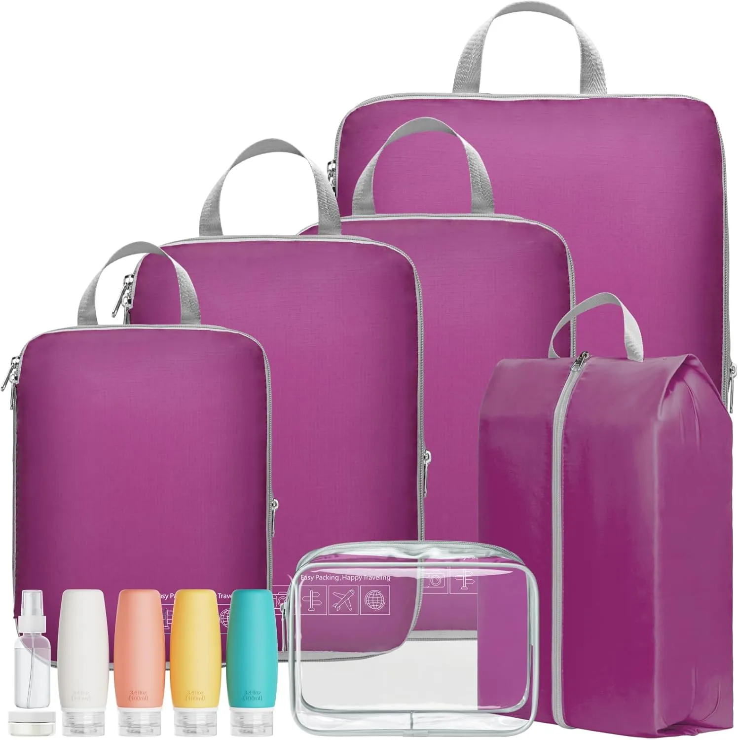 Cambond Compression Packing Cubes for Travel Women - Lightweight Expandable Luggage Travel Packing Organizers Bags, Compression Cubes for Suitcases Organizers with Travel Pouches Bottle Set