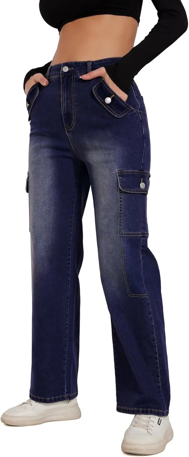 Cargo Jeans for Women High Waisted Casual Wide Leg Jeans Baggy Stretchy Y2K Streetwear with 6 Pockets