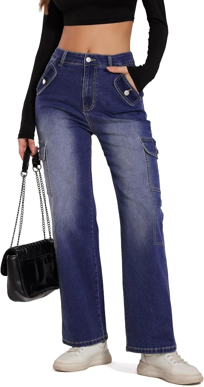 Cargo Jeans for Women High Waisted Casual Wide Leg Jeans Baggy Stretchy Y2K Streetwear with 6 Pockets