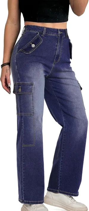 Cargo Jeans for Women High Waisted Casual Wide Leg Jeans Baggy Stretchy Y2K Streetwear with 6 Pockets