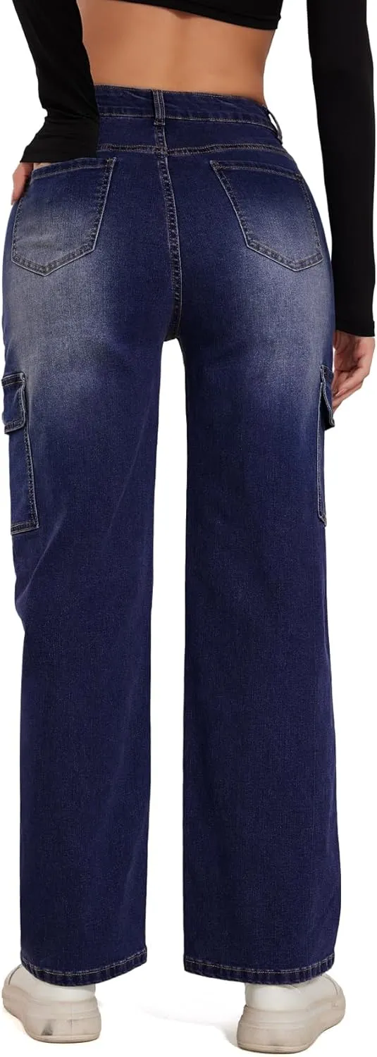 Cargo Jeans for Women High Waisted Casual Wide Leg Jeans Baggy Stretchy Y2K Streetwear with 6 Pockets
