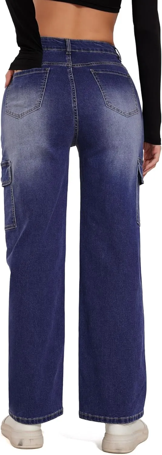 Cargo Jeans for Women High Waisted Casual Wide Leg Jeans Baggy Stretchy Y2K Streetwear with 6 Pockets