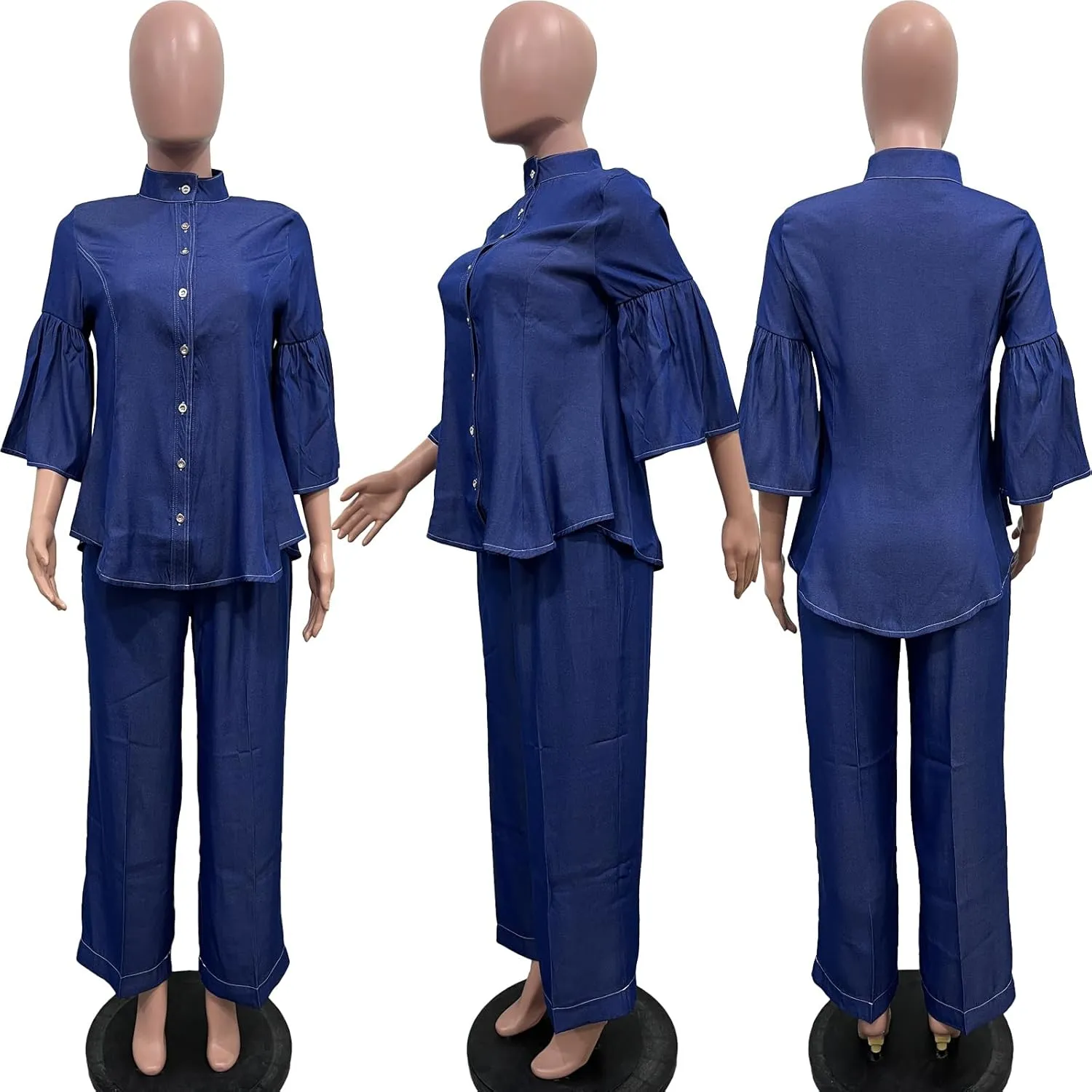 Casual Denim 2 Piece Outfit for Women - 3/4 Sleeve Button Down Shirt   Wide Leg Pants Sets Plus Size Sweatsuits Set