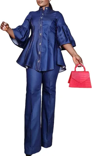 Casual Denim 2 Piece Outfit for Women - 3/4 Sleeve Button Down Shirt   Wide Leg Pants Sets Plus Size Sweatsuits Set