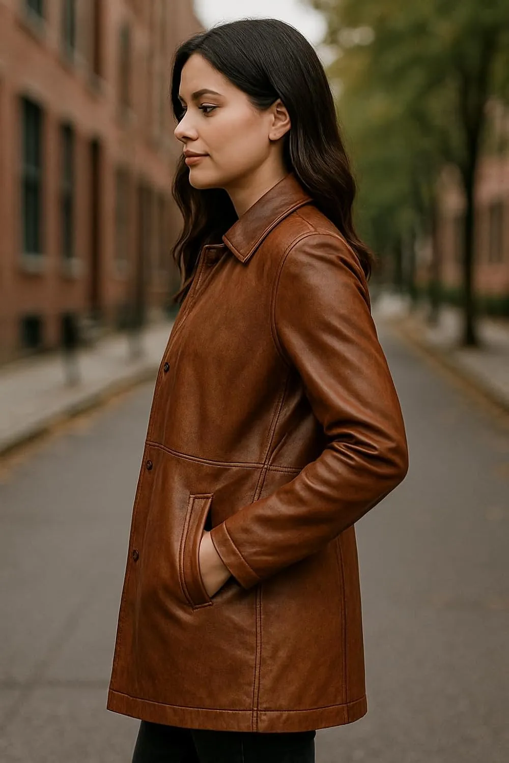 Casual Real Leather Car Coat - 3/4 Length Womens Leather Jacket Winter Fashion Long Leather Jacket