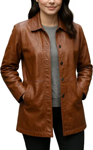 Casual Real Leather Car Coat - 3/4 Length Womens Leather Jacket Winter Fashion Long Leather Jacket