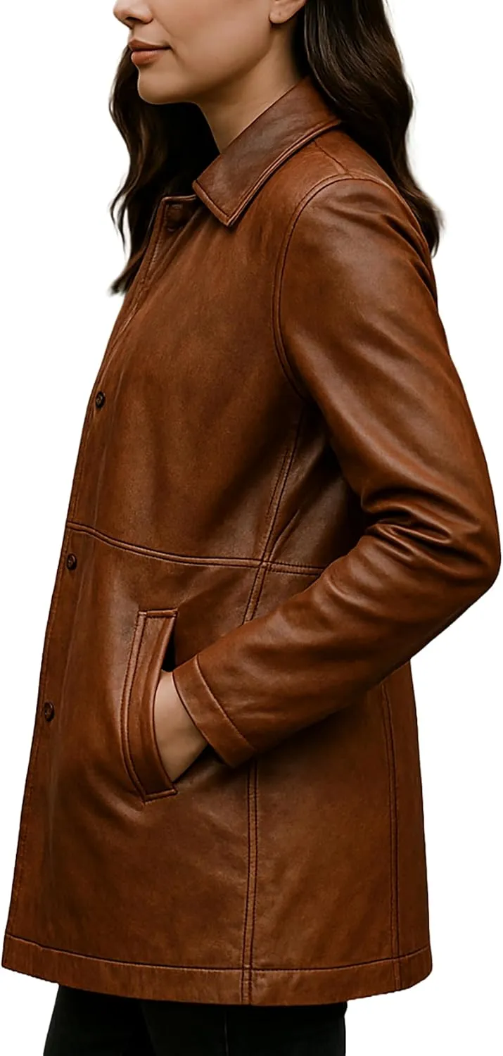Casual Real Leather Car Coat - 3/4 Length Womens Leather Jacket Winter Fashion Long Leather Jacket