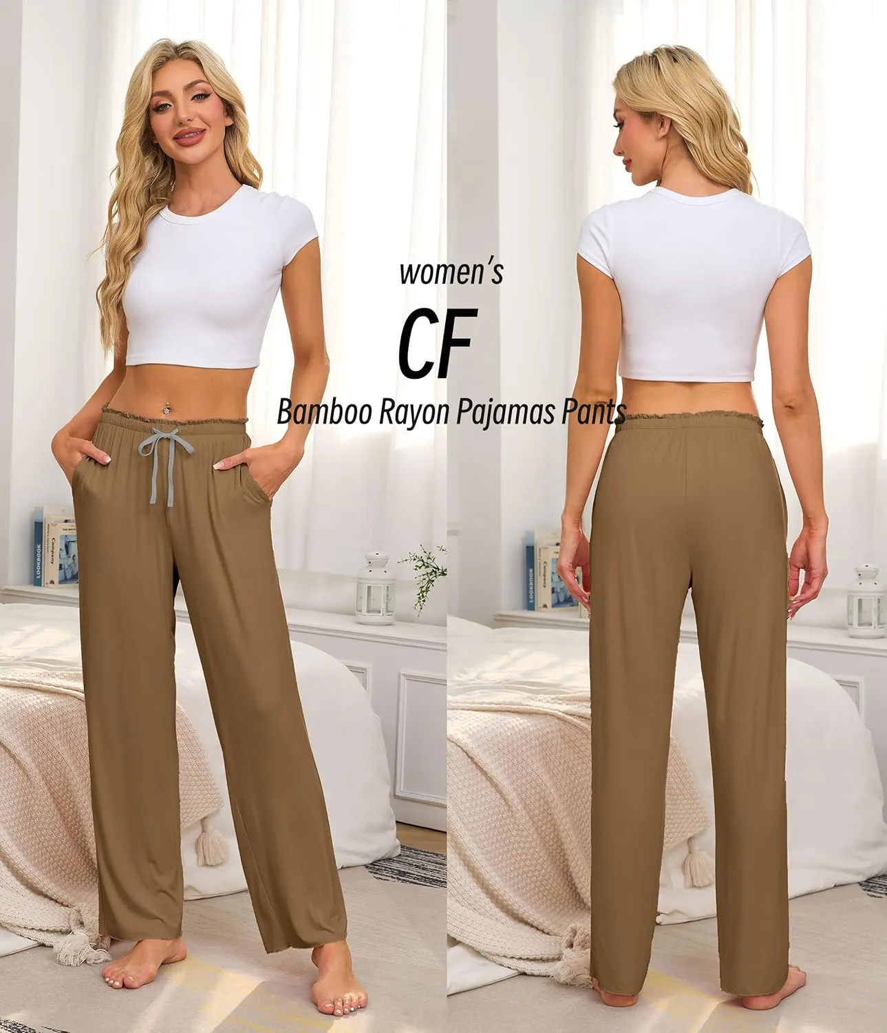 CF Women Bamboo Rayon Pajamas Pants Casual Loose Wide Leg Sleep Pants Soft Comfy Sleepwear for Lounge with Pockets