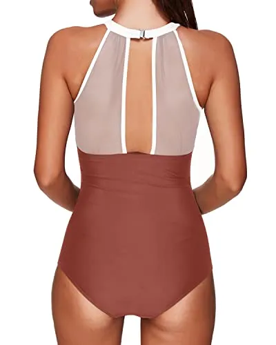 Chic High Neck Mesh Monokini Women One Piece Swimsuit-Whtie Yellow Brown