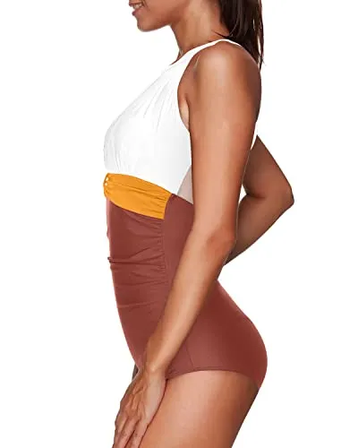 Chic High Neck Mesh Monokini Women One Piece Swimsuit-Whtie Yellow Brown