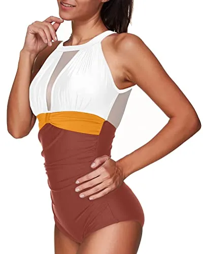 Chic High Neck Mesh Monokini Women One Piece Swimsuit-Whtie Yellow Brown