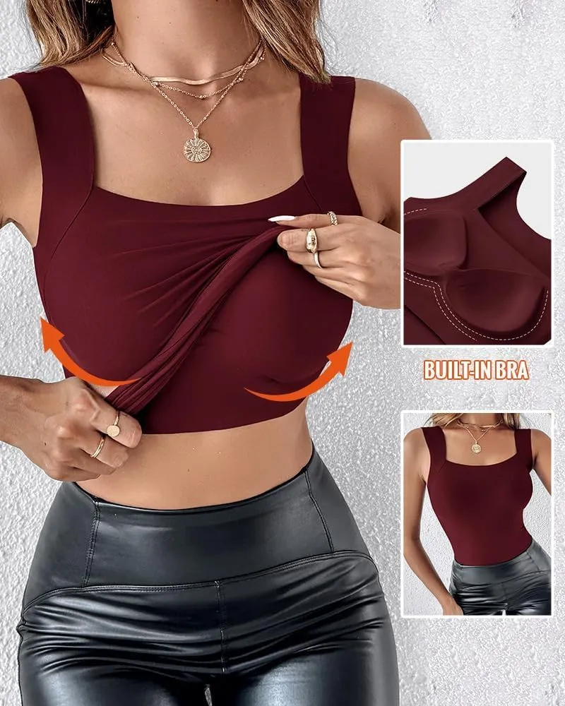 CHICME Womens U Neck Shapewear Built-in Bra Tank High Strechy Sleeveless Slim Fit Tops Camisole Workout Tops