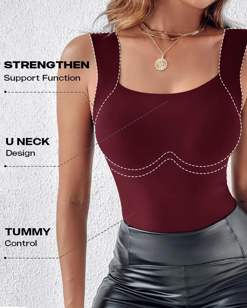 CHICME Womens U Neck Shapewear Built-in Bra Tank High Strechy Sleeveless Slim Fit Tops Camisole Workout Tops