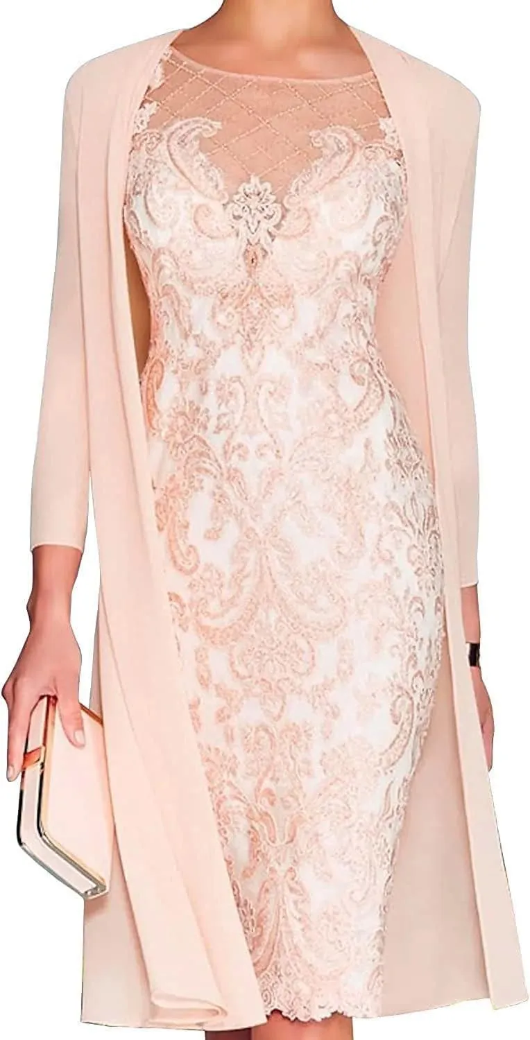 Chiffon Mother of The Bride Dresses with Jackets Long Sleeves Lace Formal Evening Dress