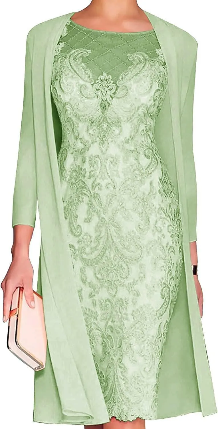 Chiffon Mother of The Bride Dresses with Jackets Long Sleeves Lace Formal Evening Dress