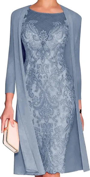 Chiffon Mother of The Bride Dresses with Jackets Long Sleeves Lace Formal Evening Dress