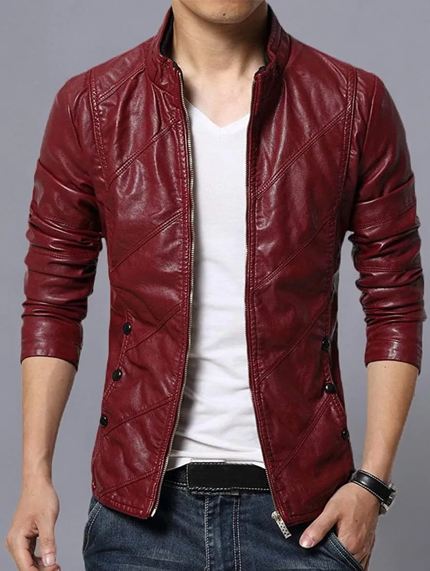chouyatou Men's Cool Stylish Slim Fit Stand Collar Lightweight Bomber Faux Leather Jacket Coat