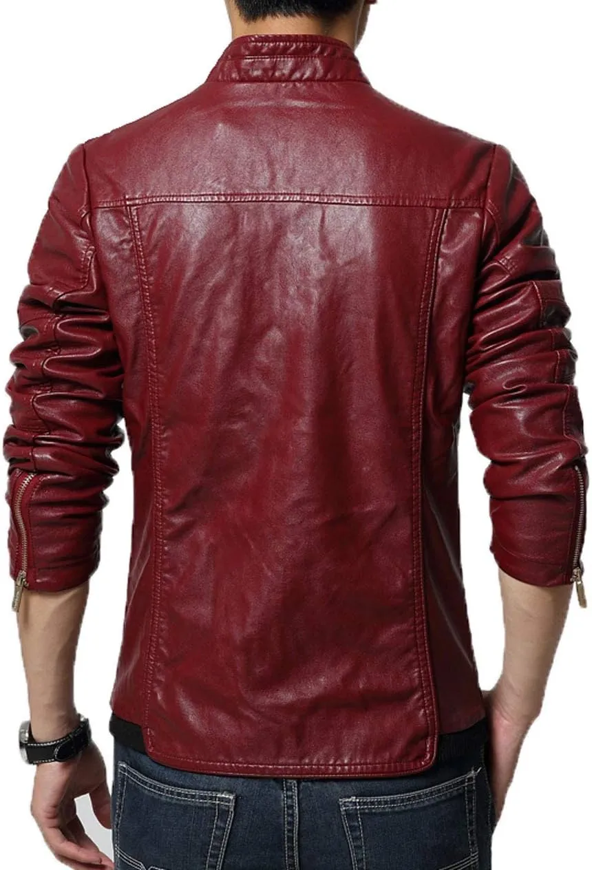chouyatou Men's Cool Stylish Slim Fit Stand Collar Lightweight Bomber Faux Leather Jacket Coat