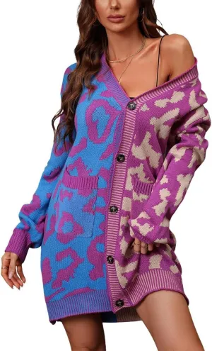 chouyatou Women's Color Block Leopard Print Button Down Long Knit Cardigan Sweaters with Pockets