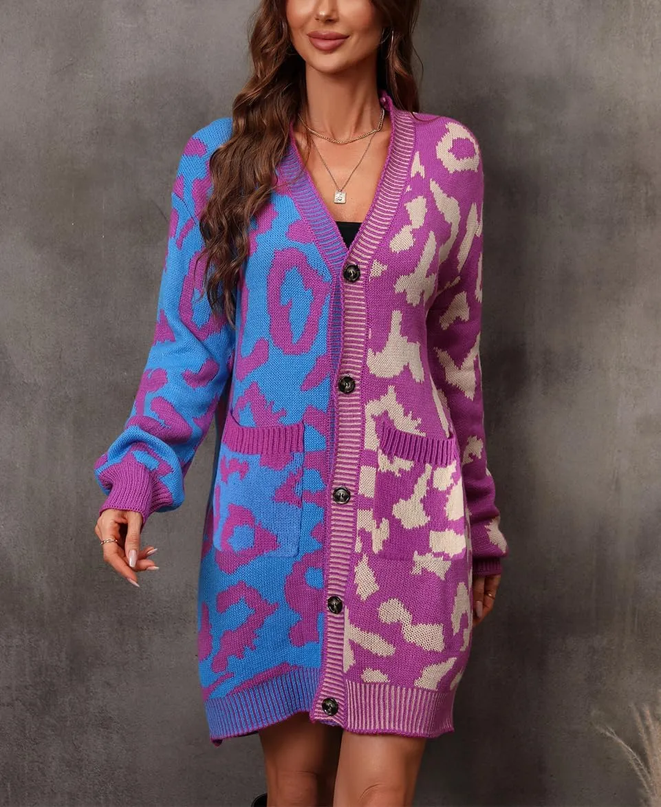 chouyatou Women's Color Block Leopard Print Button Down Long Knit Cardigan Sweaters with Pockets