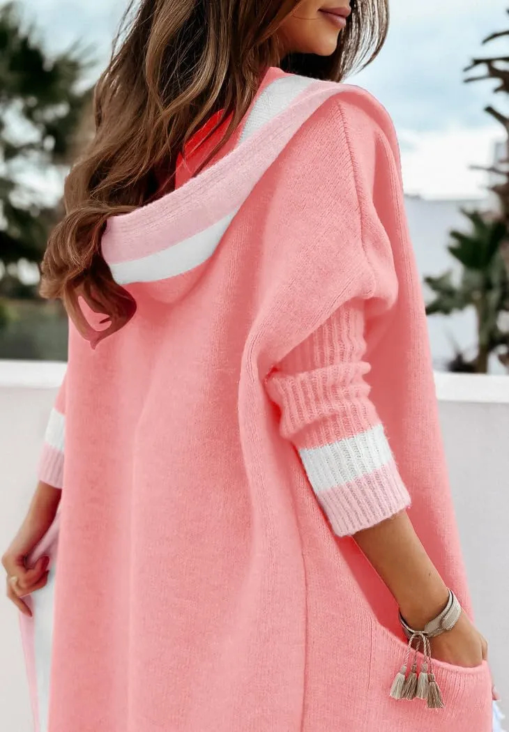 chouyatou Women's Color Block Vertical Striped Open Front Oversized Hooded Long Cardigan Sweaters with Pockets