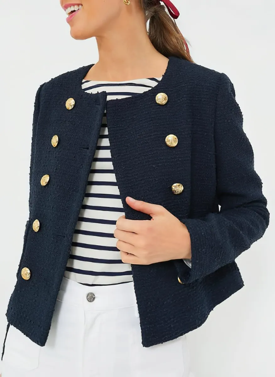 chouyatou Women's Double Breasted Tweed Blazer Jacket Business Casual Dressy Tweed Jacket Office Work Suit