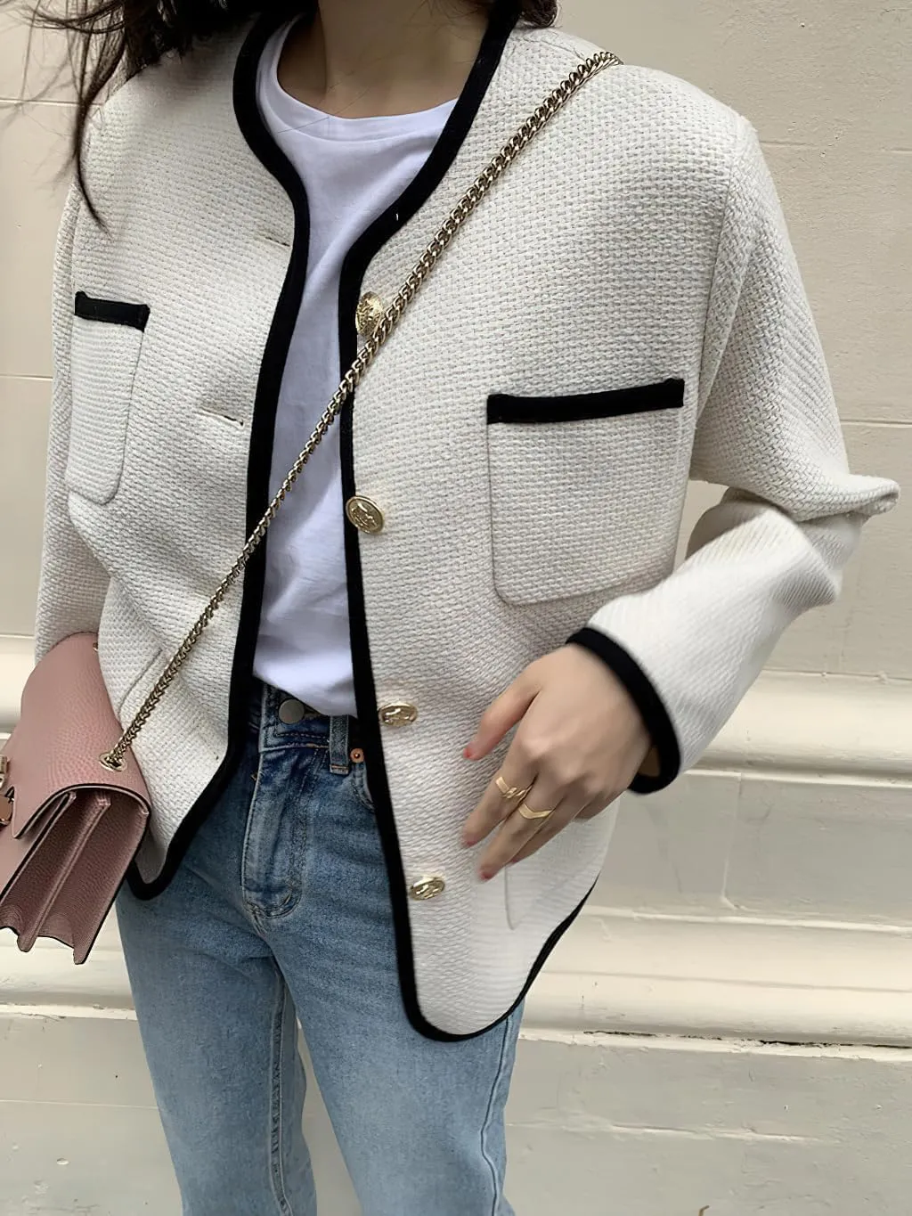 chouyatou Women's Fall Elegant Business Casual Tweed Blazer Jacket Dressy Collarless Open Front Suit Top