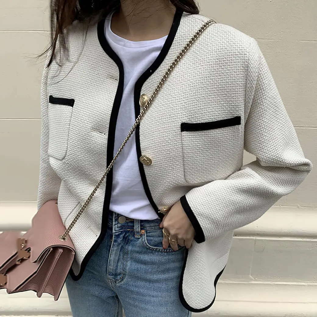 chouyatou Women's Fall Elegant Business Casual Tweed Blazer Jacket Dressy Collarless Open Front Suit Top