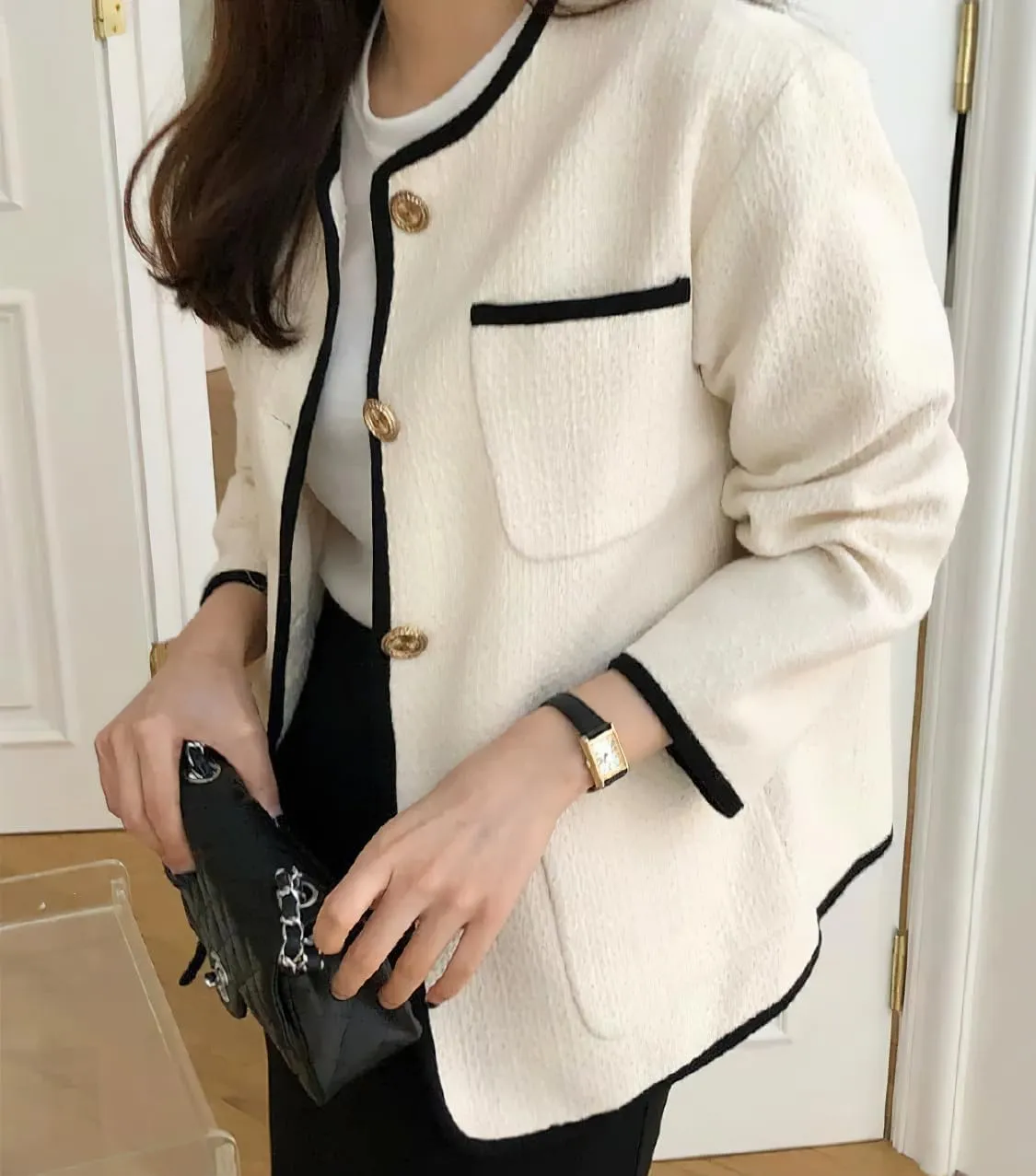 chouyatou Women's Fall Elegant Business Casual Tweed Blazer Jacket Dressy Collarless Open Front Suit Top