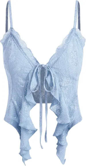 CIDER Going Out Tops for Women Y2K Tie Front Asymmetrical Ruffle Hem Lace Spaghetti Strap Cowgirl Crop Tops
