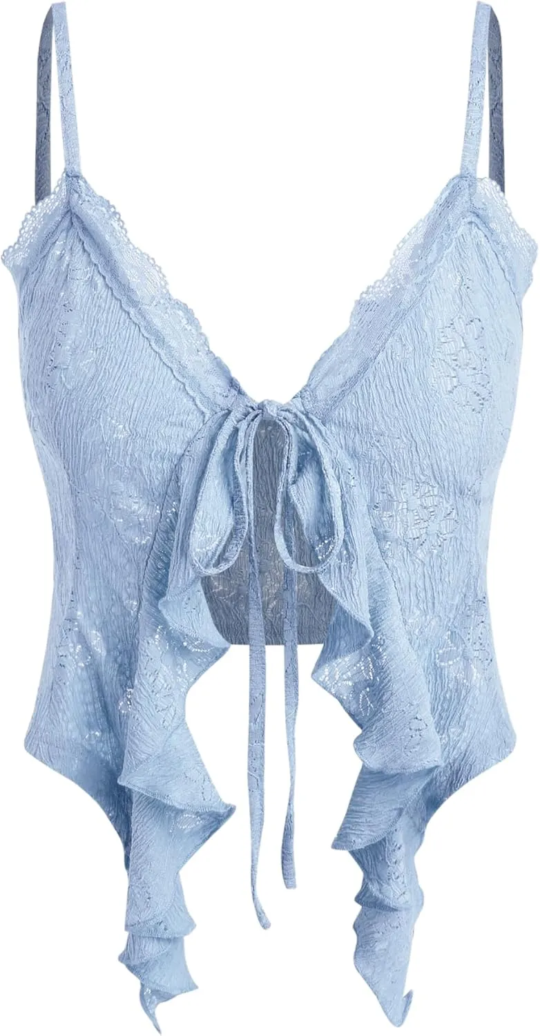 CIDER Going Out Tops for Women Y2K Tie Front Asymmetrical Ruffle Hem Lace Spaghetti Strap Cowgirl Crop Tops