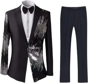 Cloudstyle Men's 2-Piece Suit Casual 1 Button Slim Fit Prom Suit Stylish Sequin