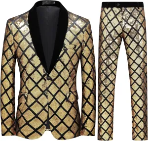 Cloudstyle Men's 2-Piece Suit Casual 1 Button Slim Fit Prom Suit Stylish Sequin