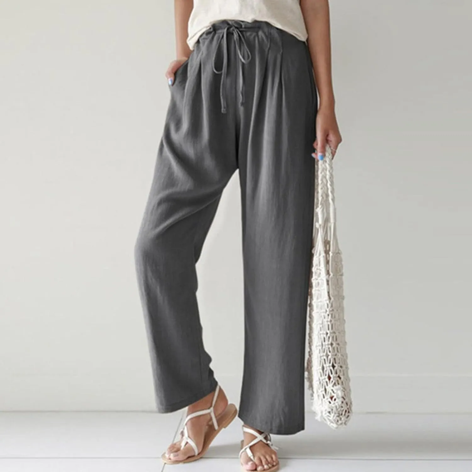 Cocoarm Women High Elastic Waist Pants Women Wide Leg Drawstring Long Lounge Pant Trousers with Pocket Women Soft Pants