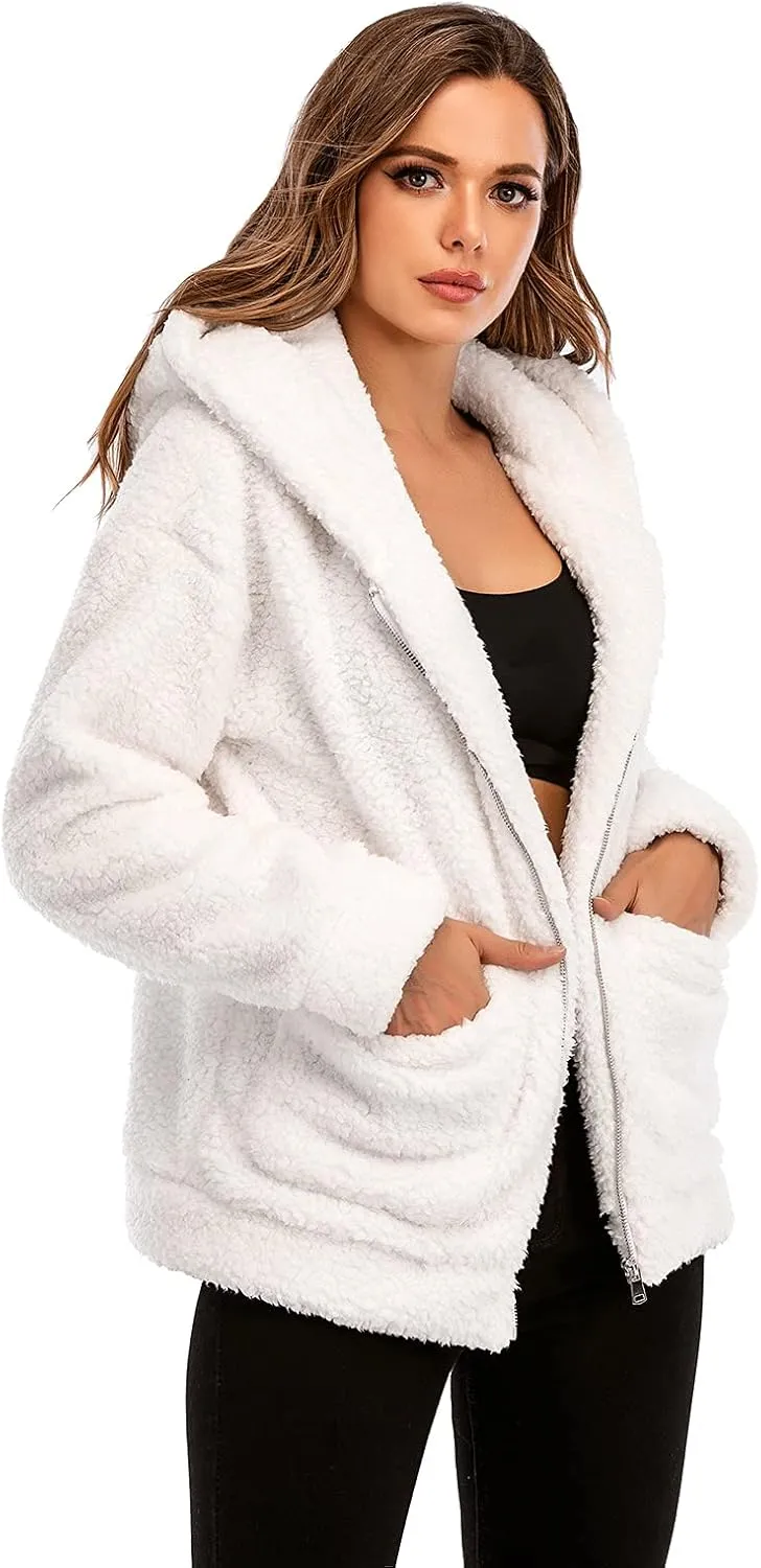 Comeon Womens Casual Coat Lapel Fleece Fuzzy Faux Shearling Zipper Hooded Warm Winter Oversized Jackets